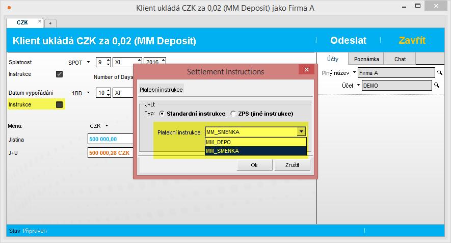 Zda se jedná o depozitum anebo o depozitní směnku, volím v druhém checkboxu - Instrukce (možnost