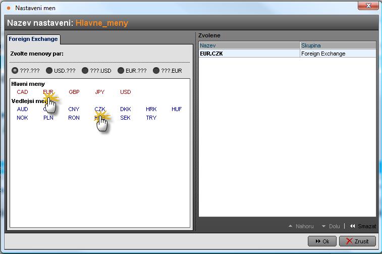 vybraných párů). Při volbě vyberu měnu k EUR anebo USD.