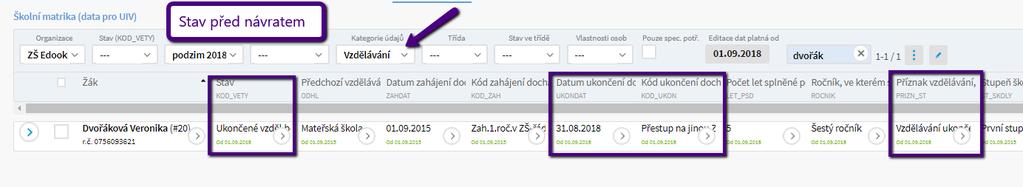 Návrat žáka Lidé > Školní matrika > Školní matrika (data pro uiv) Pokud žák odejde ze školy a vrátí se zpět, v rámci matriky je potřeba mít zadány správně v kategorii údajů Vzdělávání následující