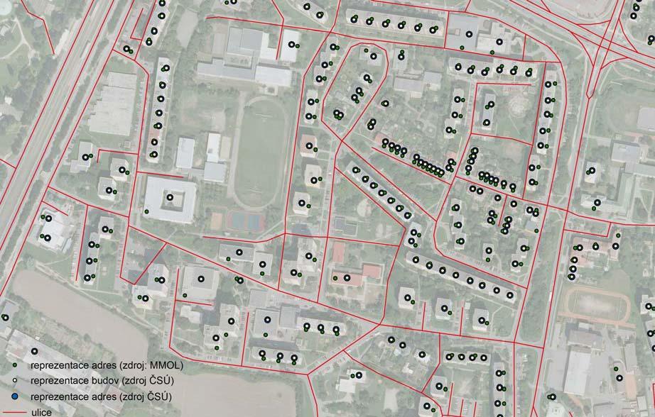 Obr. 4. Adresní body z r zných zdroj (MMOL, SÚ). TÉMATICKÁ DATA Tématická data obsahují záznamy jednotlivých adres (p íp. majitel objekt ), ze kterých je svážen komunální odpad.