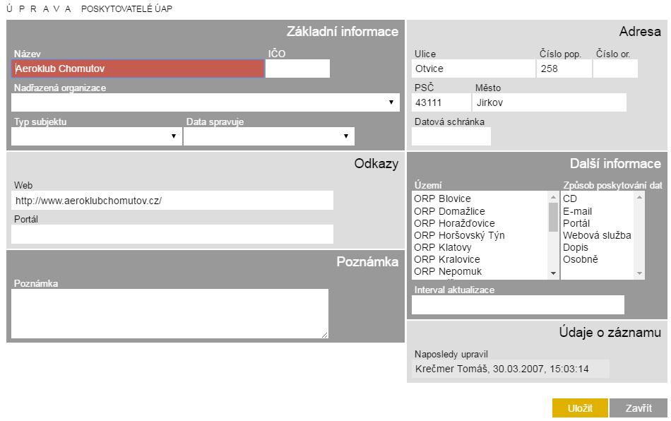 br. Mžnsti editace v aplikace Pskytvatele ÚAP Zbrazení detailu pskytvatele umžňuje prhlížet infrmace vedené v statních evidencích, příp. externích aplikacích.