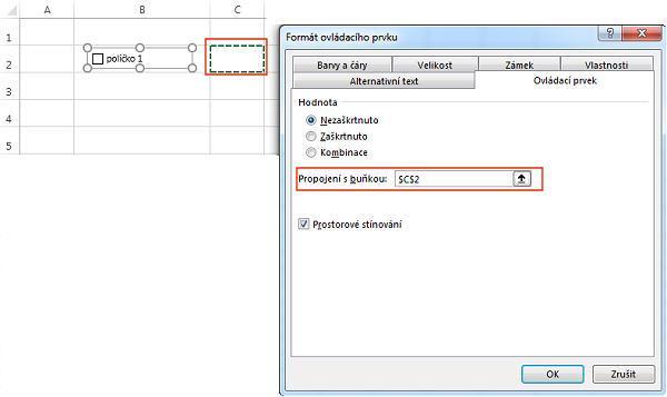 Obrázek 15: Nastavování zaškrtávacího políčka V něm nyní mimo jiné lze právě zadat propojení na buňku, ve které se hodnota