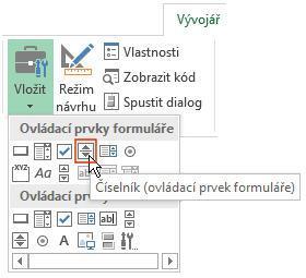 Stačí, když opět klepnete na ikonu Vložit na kartě Vývojář. A poté v části Ovládací prvky formuláře na ikonu Číselník.