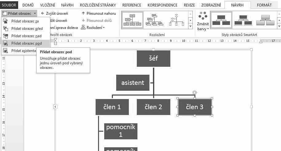 Obrázek 8.45: Přidání dalšího rámečku do stávající struktury organizačního diagramu 8.5.3 Formátování jednotlivých prvků organizačního diagramu V této části si jen krátce shrneme několik praktických úprav, které se v organizačních diagramech provádějí.