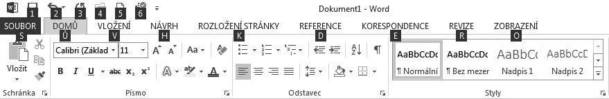 razíte tlačítka a příkazy dané karty. Je-li v textu knihy uvedeno na kartě Domů, musíte nejprve zjistit, jaká karta je právě zobrazena. Není-li to karta Domů, pak klepněte na její záložku. Obrázek 1.