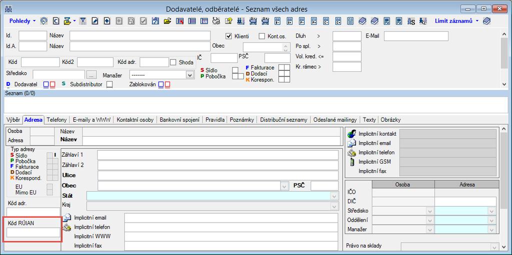 Verze 1.8.73.6 Obchod - Klienti - Dodavatelé/Odběratelé - Seznam všech adres Na adrese zavedeno textové pole Kód RÚIAN.