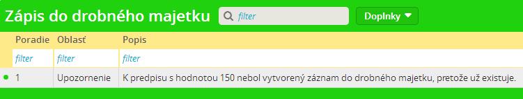 Ak by ste sa pokúšali vytvoriť záznam do drobného majetku k predpisu, ku ktorému záznam už existuje, tak taký záznam sa nevytvorí a vo výstupnom okne po spracovaní budete o tom informovaný.