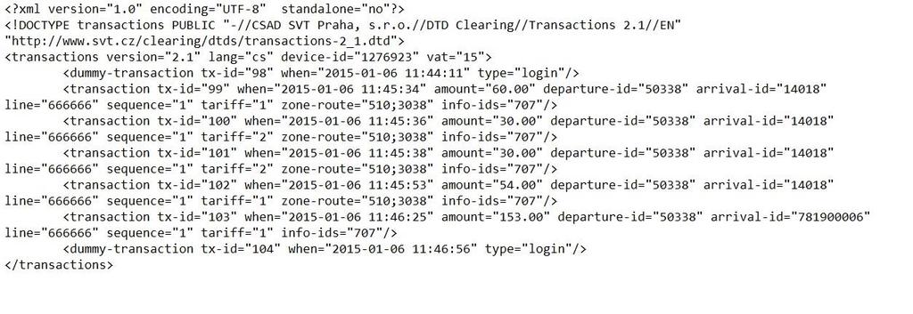 Na následujícím obrázku je příklad části odeslaného zkušebního souboru ve formátu xml., který byl odeslán do zkušebního clearingu CARDS ČSAD SVT Praha, s.r.o. certifikační laboratoří OIS na Fakultě dopravní ČVUT.