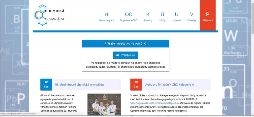 1. Registrace na webu ChO Jděte na stránky ChO https://olympiada.vscht.