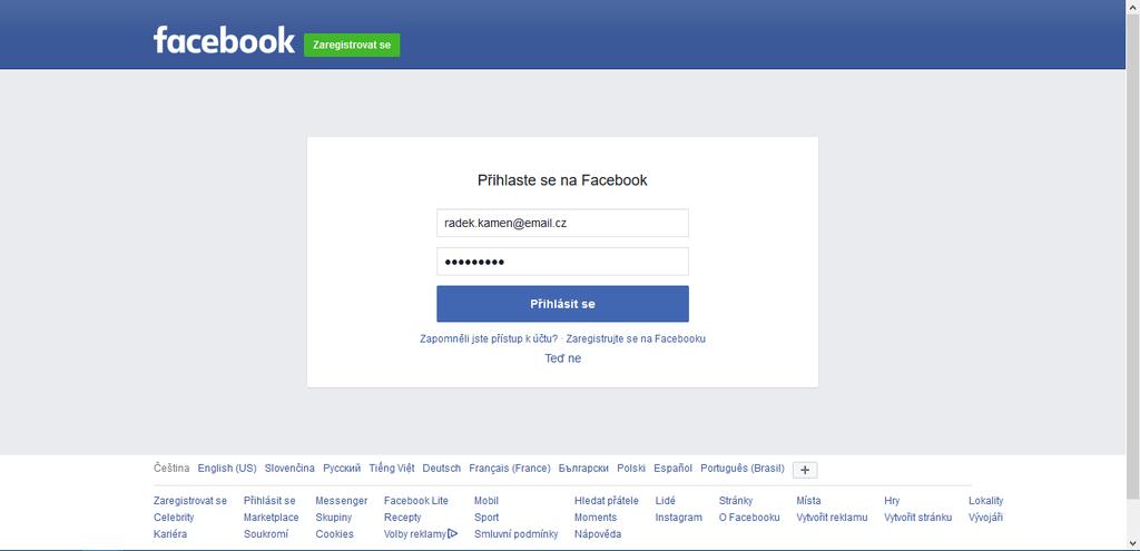 1.1.3. Přihlášení přes Facebook Zvolte metodu přihlášení Facebook.