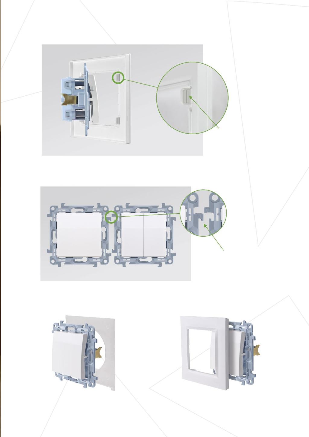 ČTYŘSTUPŇOVÉ ZÁPADKY na rámečku zajišťují rovné přilehnutí rámečku dokonce i na nerovných stěnách. Spínače řady Simon namontované do sádrokartónových krabic neodstávají od sádrokartónové stěny.