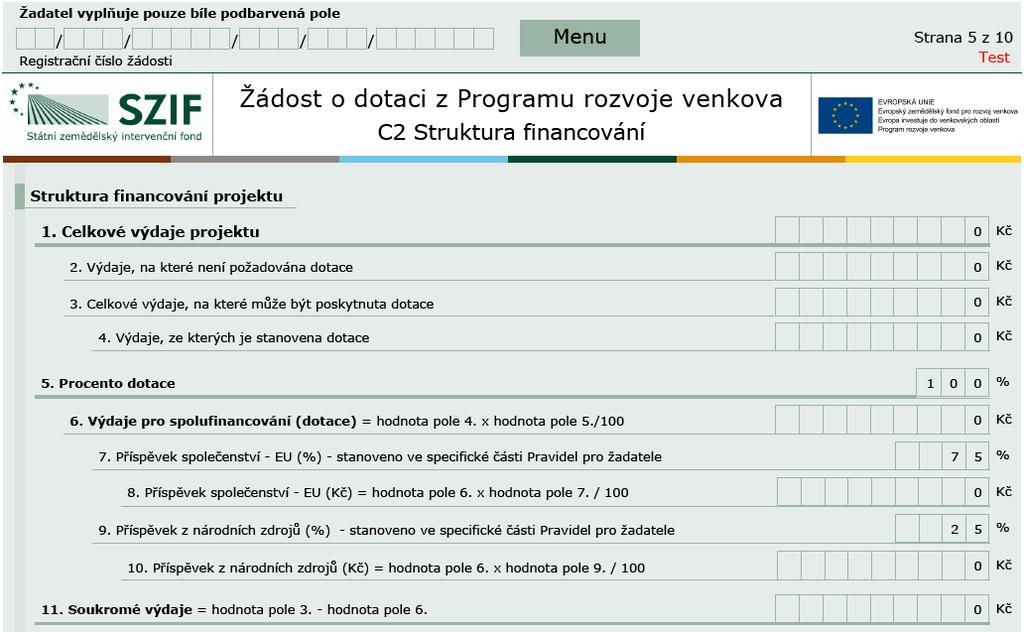 Formulář ŽoD Přehled rozpočtu vyplňuje se