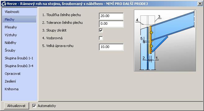 V poli typ listu Vlastnosti je možno vybírat z jednoho nebo více typů styku, například Rámový roh na stojinu, s náběhem nebo Rámový roh na stojinu, s náběhem z plechu.