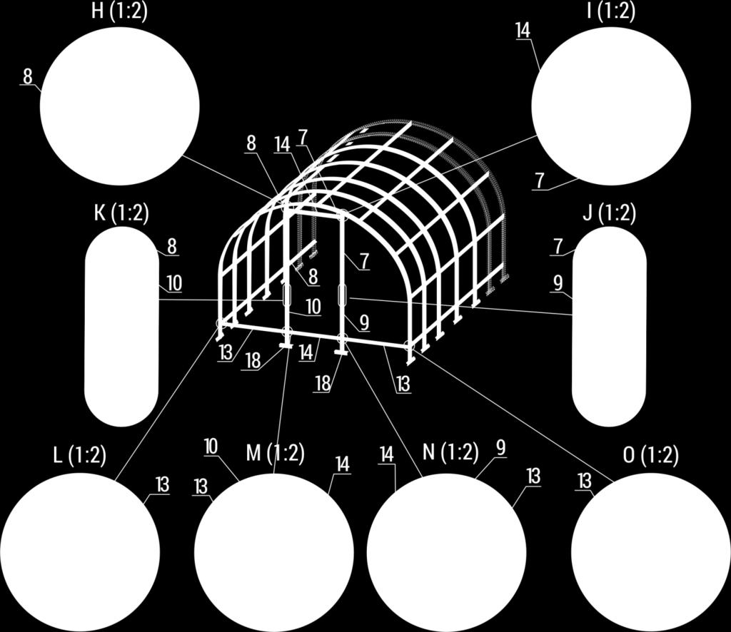 Přední čelo a) Sešroubujte profily č. 8 a č. 10 (detail K) a profily č. 7 a č. 9 (detail J). Tím získáte svislé rámy dveří. b) Tyto svislé rámy dveří sešroubujte s profilem č.