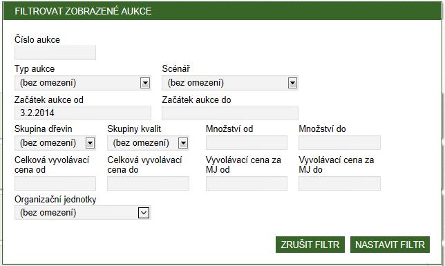 Výběr organizačních jednotek Obrázek 7 Filtrační podmínky pro PROBIHAJICI AUKCE - Kliknutím přímo na danou LS nebo