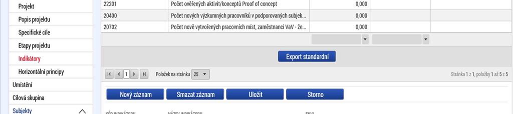 - Indikátory povinné k výběru jsou indikátory, u kterých žadatel nestanovuje cílovou hodnotu. Na záložce Indikátory jsou předdefinovány konkrétní Indikátory vztahující se k programu Proof of Concept.