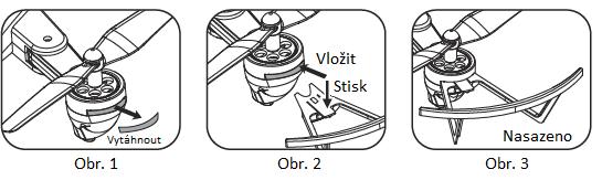 4. INSTALACE OCHRANY VRTULÍ Vytáhněte krytku dle obr. 1 a stiskněte uzamykací plošku na ochraně a zároveň vložte ochranu dle obr. 2. Na obr. 3 ukázáno jak má být ochrana nasazena. 5.