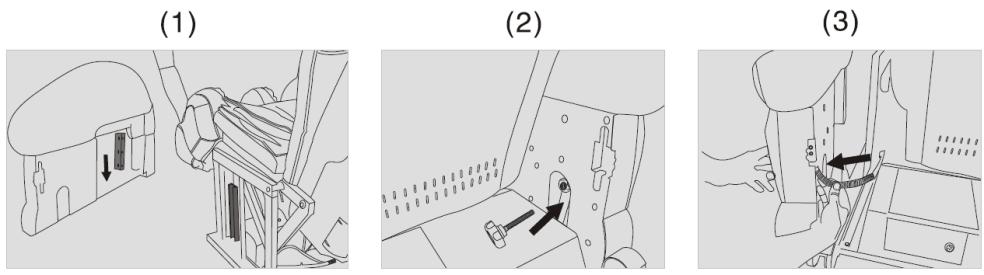 Připevnění ovládacího panelu a odkládací plochy Připevněte k masážnímu křeslu držák ovládacího panelu (1) a poté do něj ovládací panel vsuňte (2).
