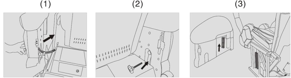 Demontáž opěr rukou a lýtek a jejich používání 1. Otevřete ochrannou destičku a vyjměte spojení vzduchového polštáře (1). 2. Povolte šroub na zadní straně opěr rukou (2). 3.