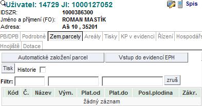 Kapitola č. 4 - Zemědělské parcely Funkcionalita se spouští na v záložce Zem. parcely pomocí tlačítka Automatické založení parcel.