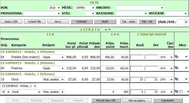 Kapitola č. 9 - Bilance výroby a užití statkových hnojiv 2 Tabulka je rozdělena na sloupec IZR, Ve stáji a Z toho na pastvě. 3 Načítáte-li kategorii poprvé, musíte vybrat ustájení.