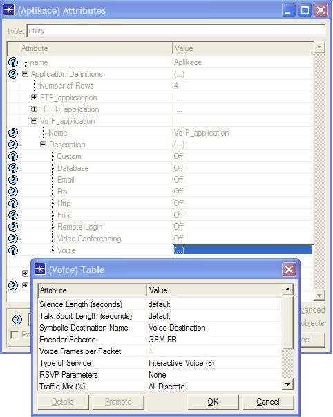 Obr. 5.3: Nastavení aplikace VoIP Nastavení aplikace FTP Dále se nastaví FTP aplikace tak, že se klikne na položku row 0 a do řádku Name (jméno aplikace) se zadá Aplikace.