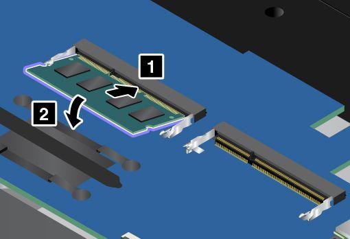 6. Paměťový modul vložte do paměťového slotu pod úhlem asi 20 stupňů 1. Přiklopte paměťový modul směrem dolů, aby zapadl na místo 2.
