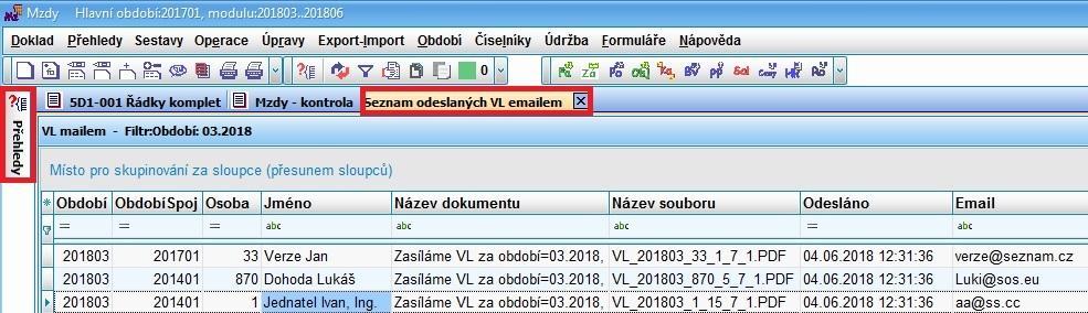 zadat údaje: Období, Osoba, Jméno, Email Obr. Odeslané VL-emailem za období 03.2018 4. KONTROLNÍ PROHLÍŽEČ MODULU MS Osoby - Ve verzi od 06.