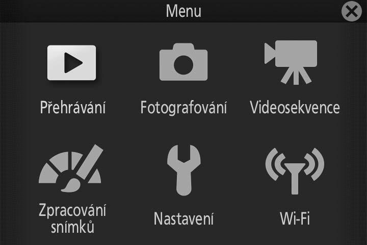 Tlačítko G Většinu volitelných možností pro fotografování, přehrávání a nastavení lze nastavovat prostřednictvím menu fotoaparátu.