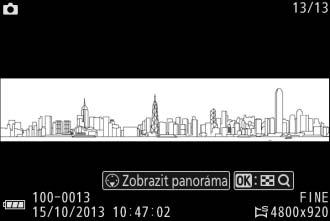 Zobrazení panoramatických snímků Panoramatické snímky lze prohlížet stisknutím tlačítka 3 v okamžiku zobrazení panoramatického snímku na celé obrazovce (0 25).