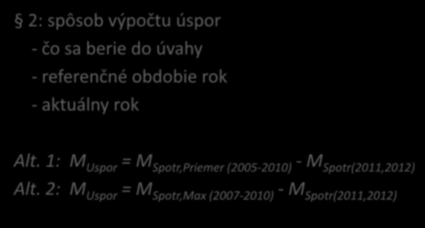 Návrh vyhlášky MŽP SR úspory 2: spôsob výpočtu úspor - čo sa berie do úvahy - referenčné obdobie rok - aktuálny rok Alt.