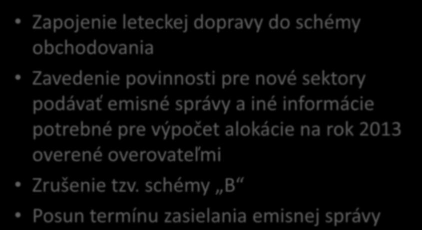 Obsahové zmeny 1/2 Zapojenie leteckej dopravy do schémy obchodovania Zavedenie povinnosti pre nové sektory podávať emisné správy a iné