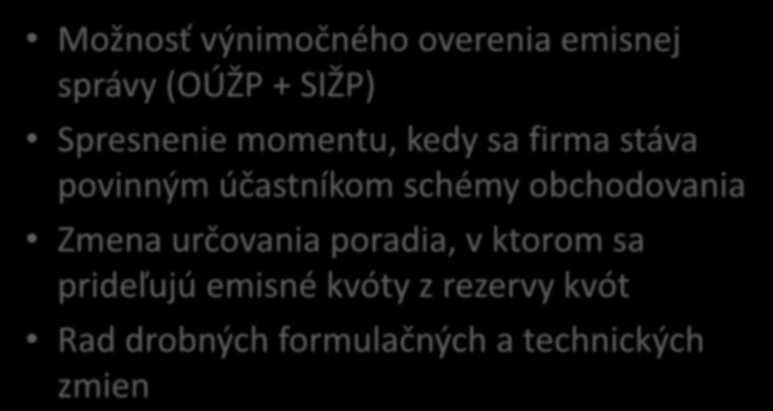 Obsahové zmeny 2/2 Možnosť výnimočného overenia emisnej správy (OÚŽP + SIŽP) Spresnenie momentu, kedy sa firma stáva povinným účastníkom