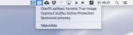 Ikona stavu na panelu nabídky systému macos Nástroj Acronis Active Protection má vlastní stavovou ikonu na panelu nabídky.