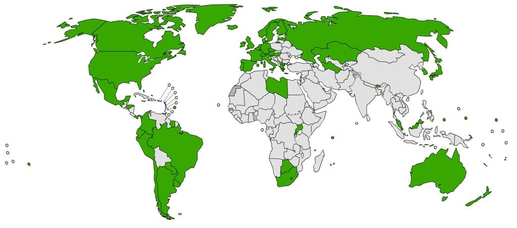 Countries with HPV vaccine in the national immunization programme Introduced* to date (68 countries or 35.