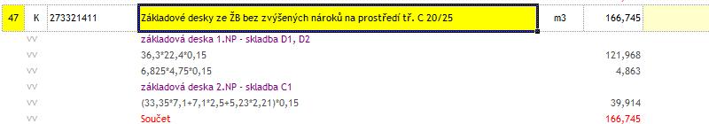 1b) VV pol.č. 46 Základové desky ze ŽB tř. C 25/30 Položka odkazuje na skladby D1, D2, C1. Dle výpisů skladeb a výkresů s nimi spojenými se jedná o beton C 20/25. TZ uvádí beton C25/30 XC1 (XC2).