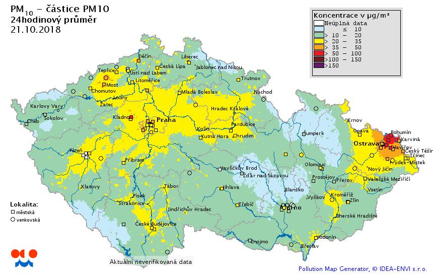 8 Pole 24hodinové průměrné koncentrace PM 10, 20. 10. 2018 Obr.