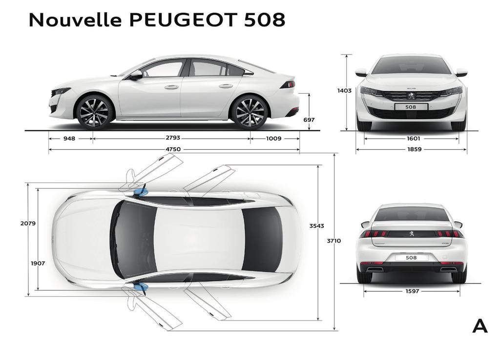 PEUGEOT 508 ROZMĚRY < VNĚJŠÍ ROZMĚRY (mm) Délka 4750 Šířka (bez / se sklopenými / s vyklopenými zpětnými zrcátky) 1859 / 1907 / 2079 Výška 1403 Rozvor 2793 Převis vpředu / vzadu 948 / 1009 Rozchod