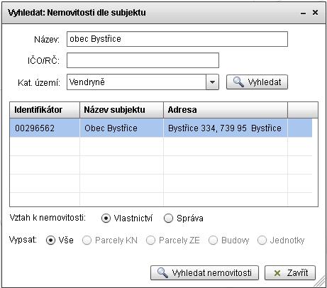 19 5. Vyhledávání v datech KN - rozšíření 5.1. Vyhledávání nemovitostí dle subjektu možnost volit KÚ Do okna vyhledávání podle oprávněných