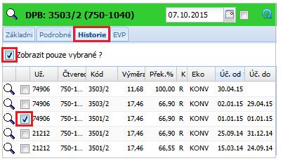 Obrázek 35 Záložka "Historie" na DPB Zobrazit pouze vybrané?