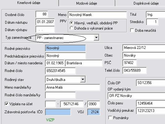 Po výbere zamestnanca sa otvorí tabuľka, kde je potrebné zaevidovať údaje, ktorí nie sú evidované v