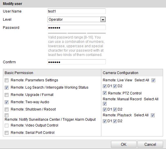 2. Upravte User Name, Level nebo Password. 3. V poli Basic Permission a Camera Configuration můžete zaškrtnout nebo zrušit zaškrtnutí daných oprávnění. 4.