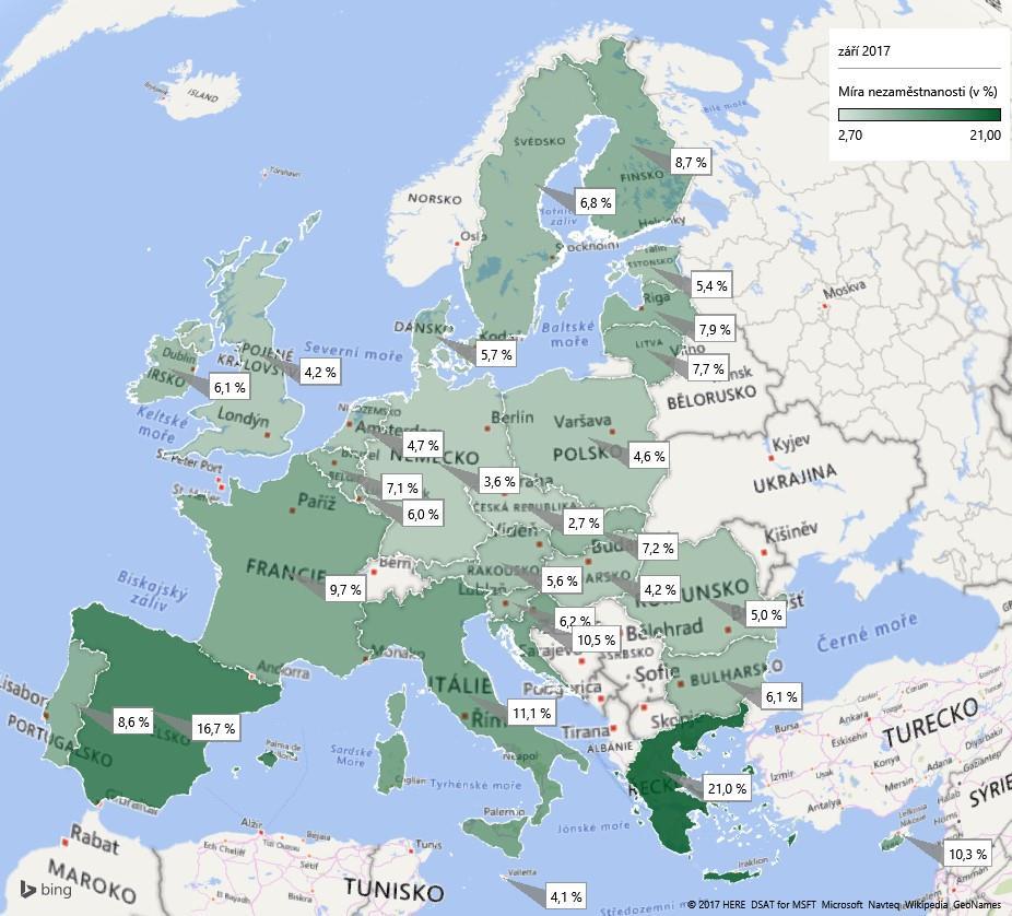 Nejnižší nezaměstnanost byla naměřena v České republice (2,7 %), stejně jako v předchozích měsících. Mezi země s nejnižší nezaměstnaností v září 2017 patří dále Německo (3,6 %) a Malta (4,1 %).