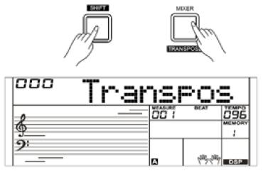 Transpozice 1. Podržte stisknuté tlačítko [SHIFT] a stiskněte tlačítko [TRANSPOSE], pro výběr menu Transpose. Displej zobrazí xxx Transpos. 2.