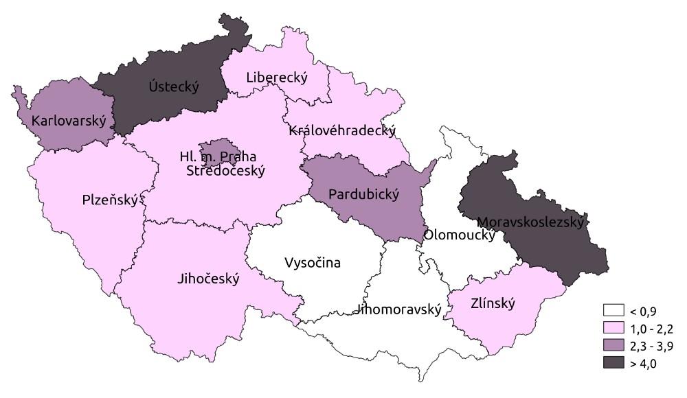 Kraj 2005 2006 2007 2008 Hlavní město Praha 4,9 4,8 4,6 3,0 Středočeský 2,3 2,2 2,1 2,1 Jihočeský 1,2 1,1 1,0 1,0 Plzeňský 1,6 1,5 1,5 1,4 Karlovarský 5,2 5,0 5,1 6,4 13,4 13,5 13,4 14,3 Liberecký