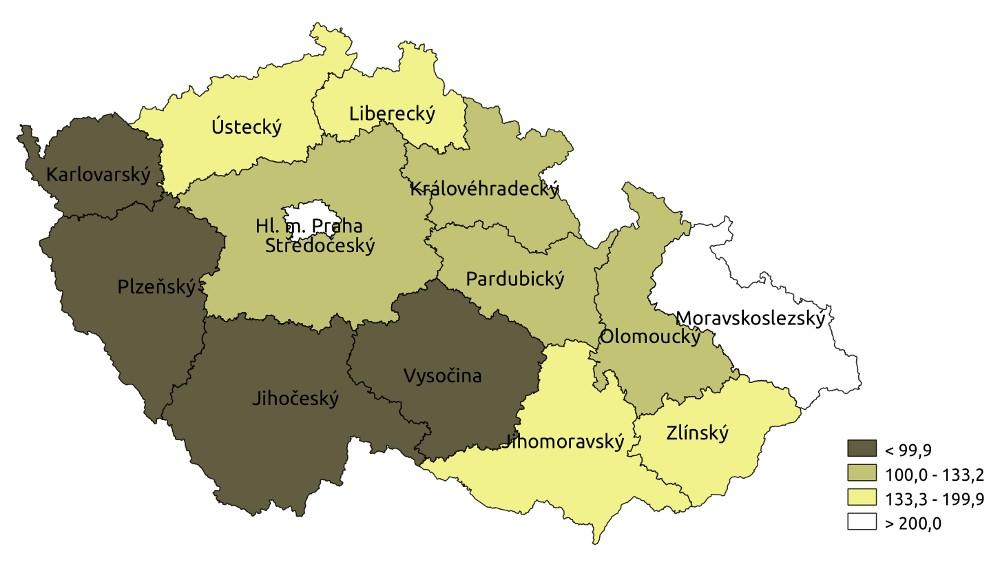 Následující kartogram zachycuje hustotu obyvatelstva k roku 2009 v jednotlivých regionech. Oblasti tmavé barvy mají nízkou hustotu zalidnění, která je výrazně pod republikovým průměrem a je nežádoucí.