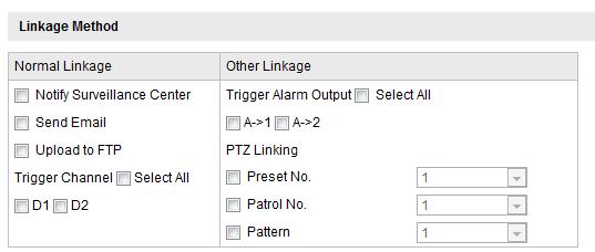 86 Obrázek 6 49 Metoda propojení Zaškrtnutím políčka vyberte metodu propojení. Volitelné možnosti jsou Notify Surveillance Center, Send Email, Upload to FTP, Trigger Channel a Trigger Alarm Output.