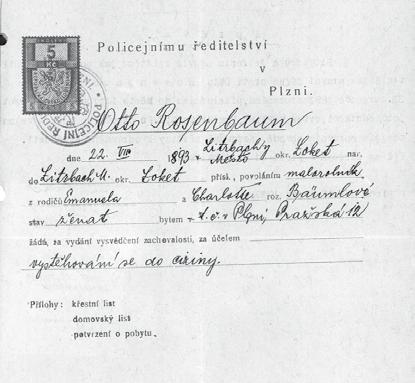 Žádost o vydání vysvědčení zachovalosti za účelem vystěhování, kterou Otto Rosenbaum podal v Plzni po útěku z pohraničí.