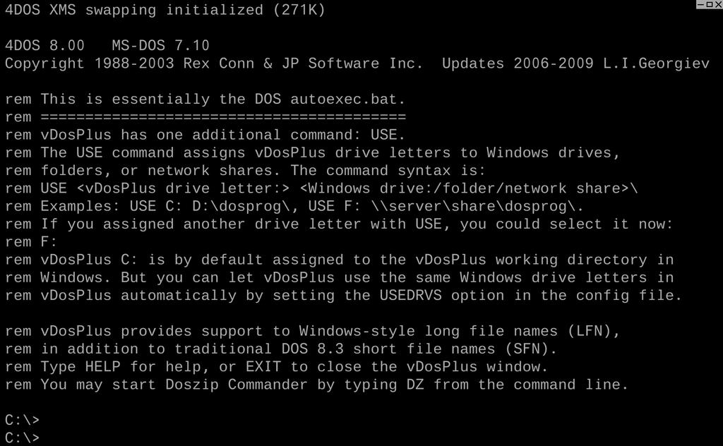 Zobrazí se okno programu vdosplus Program je nastaven tak, že disk C:\ odpovídá adresáři C:\vDosPlus\ Změnu je možné provést namapováním USE C: C:\ Tímto se diskem C: pro vdosplus stane Windows disk