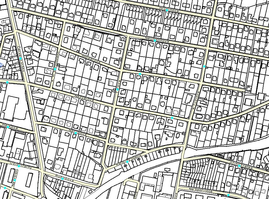 1.3.3.2. Definiční čáry ulic (DCU) Nad katastrální mapou je možné zobrazit doplňkovou vrstvu: definiční čáry ulic (DCU) - checkbox Ulice na záložce Vrstvy.